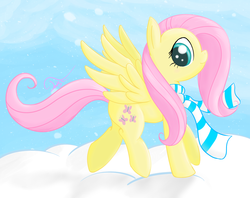 Size: 1224x968 | Tagged: safe, artist:twilightsquare, fluttershy, pony, g4, clothes, female, scarf, snow, snowfall, solo, winter