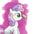 Size: 2560x2560 | Tagged: safe, artist:cradet, sweetie belle, butterfly, pony, robot, robot pony, unicorn, g4, abstract background, blank flank, butterfly on nose, female, filly, foal, high res, hooves, horn, insect on nose, open mouth, partially transparent background, sitting, solo, sweetie bot