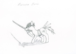 Size: 2727x1950 | Tagged: safe, artist:tyrellus, pony, monochrome, one piece, ponified, roronoa zoro, sketch, solo