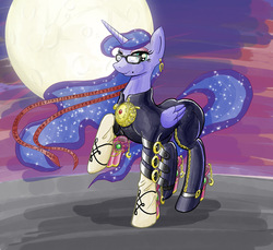 Size: 1200x1100 | Tagged: safe, artist:muffinshire, princess luna, pony, g4, bayonetta, cosplay, female, glasses, solo