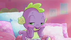 Size: 640x360 | Tagged: safe, screencap, spike, dragon, g4, official, adoracreepy, baby, baby dragon, bed, blushing, commercial, creepy, cute, diaper, newborn, picture frame, pillow, pony wedding, so soft, spikabetes