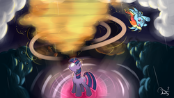 Size: 1920x1080 | Tagged: safe, artist:twilightsquare, rainbow dash, twilight sparkle, g4, tornado