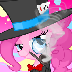 Size: 1500x1500 | Tagged: safe, artist:sunyup, pinkie pie, g4, bowtie, card, hat, lidded eyes, monocle, monocle and top hat, pipe, smoking, top hat