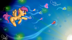 Size: 1920x1080 | Tagged: safe, artist:twilightsquare, scootaloo, butterfly, pony, g4, female, flying, inspirational, open mouth, scootaloo can fly, smiling, solo
