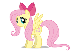 Size: 680x474 | Tagged: safe, fluttershy, pegasus, pony, g4, bow, female, hair bow, looking at you, mare, simple background, smiling, solo, spread wings, standing, white background, wings