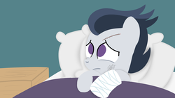 Size: 1920x1080 | Tagged: safe, artist:dtcx97, rumble, pegasus, pony, post-crusade, g4, bandage, bed, colt, foal, hooves, hospital, injured, lineless, male, pillow, solo, stitches