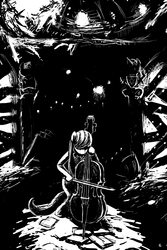 Size: 2000x3000 | Tagged: safe, artist:gordonfreeguy, octavia melody, semi-anthro, black and white, bow (instrument), cello, cello bow, female, grayscale, hair over eyes, high res, monochrome, musical instrument, ruins, solo