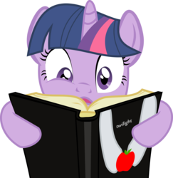 Size: 4457x4592 | Tagged: safe, artist:tensaioni, twilight sparkle, pony, unicorn, g4, absurd resolution, apple, book, female, food, hooves, horn, mare, pun, reading, shocked, simple background, solo, transparent background, twilight (series), unicorn twilight