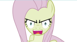Size: 1224x675 | Tagged: safe, fluttershy, pony, g4, angry, bust, discorded, female, looking at you, mare, open mouth, shrunken pupils, simple background, solo, white background