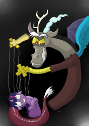 Size: 2480x3507 | Tagged: safe, artist:bewegungslos, discord, twilight sparkle, g4, high res, insanity, manipulation, puppet strings, puppeteer, twilight snapple