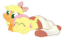Size: 900x535 | Tagged: safe, artist:egophiliac, artist:syggie, edit, applejack, fluttershy, g4, blush sticker, blushing, cute, double sock, duo, female, filly, filly applejack, filly fluttershy, hair bow, recolor, simple background, small wings, sock, sock filly, weapons-grade cute, white background, younger
