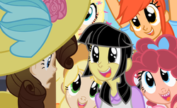 Size: 900x550 | Tagged: safe, artist:daeternal, applejack, fluttershy, pinkie pie, rainbow dash, rarity, twilight sparkle, human, g4, my little pony: friendship is magic, sweet and elite, braces, human coloration, humanized, mane six, natural hair color, scene interpretation