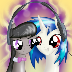 Size: 2000x2000 | Tagged: safe, artist:nowego, dj pon-3, octavia melody, vinyl scratch, pony, g4, female, headphones, heads together, high res, lesbian, listening, listening to music, music, sharing, sharing headphones, ship:scratchtavia, shipping, wub