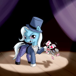 Size: 800x800 | Tagged: safe, artist:fadri, discord, trixie, pony, unicorn, g4, card, clothes, cosplay, female, fishnet stockings, gloves, hat, hoof gloves, magic trick, magic wand, magician, mare, solo, spotlight, stage, tailcoat, top hat, zatanna