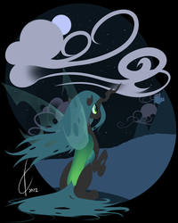 Size: 1000x1250 | Tagged: safe, artist:valcron, queen chrysalis, changeling, changeling queen, g4, canterlot, female, full moon, hooves, horn, lineless, mare, minimalist, moon, night, night sky, raised hoof, signature, sitting, sky, smiling, solo, stars, wings