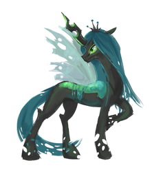 Size: 570x609 | Tagged: safe, artist:emizu, queen chrysalis, changeling, changeling queen, g4, crown, female, jewelry, raised hoof, regalia, simple background, solo, standing, white background