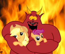 Size: 500x412 | Tagged: safe, applejack, scootaloo, g4, crossover, fire, male, satan, south park, vector