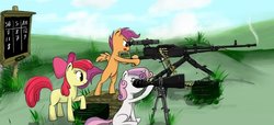 Size: 900x411 | Tagged: safe, artist:madhotaru, apple bloom, scootaloo, sweetie belle, g4, chalkboard, cutie mark crusaders, gun, machine gun, nsv, ponies with guns, scope, telescope, this will end in tears and/or death, weapon