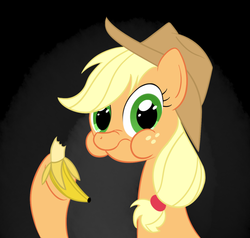 Size: 863x820 | Tagged: safe, artist:hip-indeed, applejack, earth pony, pony, g4, banana, female, looking at you, simple background, solo