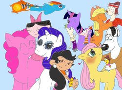 Size: 2156x1592 | Tagged: safe, artist:abigail m., applejack, fluttershy, pinkie pie, rainbow dash, rarity, twilight sparkle, oc, oc:rocky, g4, blushing, codename kids next door, crossover, crossover shipping, dudley puppy, fetch! with ruff ruffman, male, non-mlp oc, phineas and ferb, ruff ruffman, the simpsons, total drama island, tuff puppy, tyler, wat