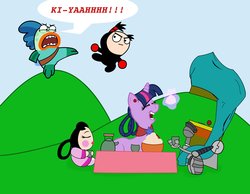 Size: 2164x1679 | Tagged: safe, artist:abigail m., twilight sparkle, oc, g4, crossover, fanboy and chum chum, fish hooks, non-mlp oc, pucca, wat