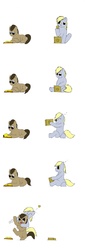 Size: 900x2606 | Tagged: safe, artist:avak42, derpy hooves, doctor whooves, time turner, pegasus, pony, g4, annoyed, ear bite, female, glasses, mare