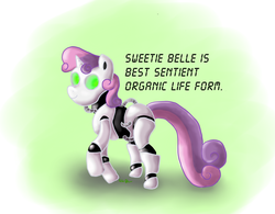 Size: 1808x1408 | Tagged: safe, artist:bewegungslos, sweetie belle, pony, robot, unicorn, g4, female, filly, foal, hooves, horn, solo, sweetie bot, text