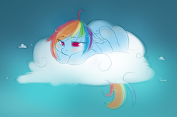 Size: 1189x790 | Tagged: safe, artist:vella, rainbow dash, pony, g4, blushing, cloud, cute, female, frown, looking down, sad, solo