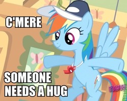 Size: 400x318 | Tagged: safe, edit, screencap, rainbow dash, pony, g4, bronybait, hat, hug, image macro