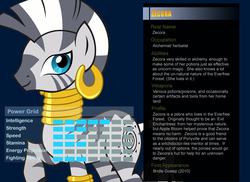 Size: 1100x800 | Tagged: safe, artist:pika-robo, zecora, zebra, g4, bio, profile, ultimate marvel vs capcom 3