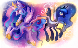 Size: 1280x788 | Tagged: safe, artist:chocochimbu, princess celestia, princess luna, g4, contrast, sisters