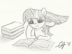 Size: 2242x1693 | Tagged: safe, artist:kingpivot001, twilight sparkle, pony, unicorn, g4, book, female, mare, prone, reading, signature, smiling, solo, traditional art, unicorn twilight