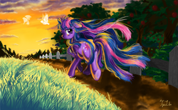 Size: 1415x869 | Tagged: dead source, safe, artist:tzulin520, twilight sparkle, bird, pony, unicorn, g4, apple, apple tree, female, grass, looking back, mare, outdoors, running, signature, solo, sunset, tree, unicorn twilight