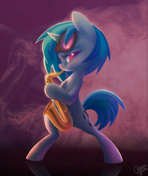 Size: 1050x1248 | Tagged: safe, artist:dawnfire, dj pon-3, vinyl scratch, pony, g4, bipedal, colored pupils, female, music, musical instrument, saxophone, signature, solo