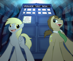 Size: 1500x1250 | Tagged: safe, artist:jitterbugjive, derpy hooves, doctor whooves, time turner, pegasus, pony, doctor whooves and assistant, g4, crossover, doctor who, duo, female, male, mare, stallion, tardis, the doctor