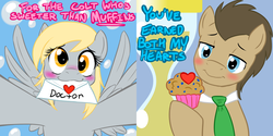 Size: 1800x900 | Tagged: safe, artist:jitterbugjive, derpy hooves, doctor whooves, time turner, pegasus, pony, lovestruck derpy, g4, :3, blushing, doctor who, female, food, heart, holiday, letter, mail, male, mare, mouth hold, muffin, necktie, ship:doctorderpy, shipping, straight, the doctor, valentine, valentine's day