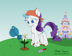 Size: 1024x803 | Tagged: safe, artist:sketchinetch, rarity, pony, unicorn, g4, bandana, carousel boutique, colored, female, flower, gardening, glowing horn, horn, magic, mare, signature, smiling, solo, telekinesis, trowel, watering, watering can