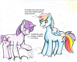 Size: 800x645 | Tagged: safe, artist:the-rabid-brony, rainbow dash, twilight sparkle, g4, blushing, cloud, cloudy, colored pencil drawing, female, lesbian, ship:twidash, shipping, traditional art