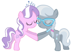 Size: 1234x888 | Tagged: safe, artist:purplefairy456, diamond tiara, silver spoon, earth pony, pony, g4, eyes closed, female, filly, glasses, simple background, transparent background
