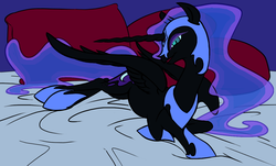 Size: 1287x776 | Tagged: safe, artist:jackjacko-eponymous, artist:php27, nightmare moon, alicorn, pony, succubus, g4, female, pillow, solo, sultry pose