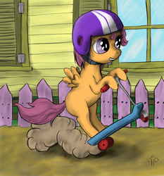 Size: 896x960 | Tagged: safe, artist:mik3thestrange, scootaloo, pegasus, pony, g4, dust cloud, female, fence, filly, scooter