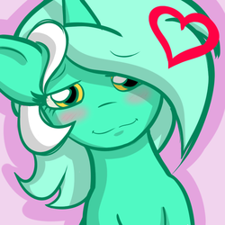 Size: 600x600 | Tagged: safe, artist:heartstrunghooves, lyra heartstrings, pony, unicorn, g4, blushing, eyebrows, eyebrows visible through hair, female, heart, lidded eyes, looking at you, mare, pink background, simple background, smiling, solo