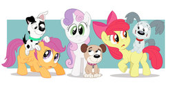 Size: 900x457 | Tagged: safe, artist:sibsy, apple bloom, scootaloo, sweetie belle, g4, crossover, cupcake, cutie mark crusaders, fim crew, patches mcfrisky, pound puppies, rebound mcleish