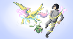 Size: 1280x688 | Tagged: safe, artist:sailorsun546, fluttershy, g4, crest of kindness, crossover, digimon, element of kindness, ken ichijouji, wormmon