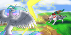 Size: 1024x509 | Tagged: safe, artist:kourabiedes, princess celestia, alicorn, pony, wolf, g4, amaterasu, crossover, female, flying, glare, gritted teeth, lightning, mare, missing accessory, missing cutie mark, okami, rearing, spread wings, sunmutt, wings