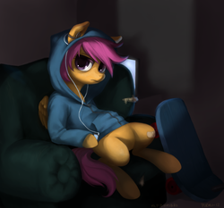 Size: 2163x2015 | Tagged: safe, artist:purmu, scootaloo, pegasus, pony, g4, bandaid, clothes, couch, dark, earbuds, female, filly, hoodie, looking at you, older, scooter, sitting, solo, teenager