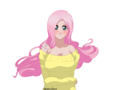 Size: 638x474 | Tagged: safe, artist:xxxthenischanxxx, fluttershy, human, g4, bleach (manga), breasts, busty fluttershy, clothes, female, humanized, inoue orihime, off shoulder, orihimeshy, parody, simple background, solo, sweater, sweatershy, transparent background