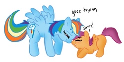 Size: 900x453 | Tagged: source needed, safe, artist:mickeymonster, rainbow dash, scootaloo, pegasus, pony, g4, bedroom eyes, blank flank, blushing, boop, cute, cutealoo, dialogue, duo, eyes closed, female, filly, foal, grin, mare, noseboop, nuzzling, scootalove, simple background, smiling, spread wings, talking, white background