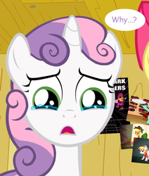 Size: 478x564 | Tagged: safe, sweetie belle, ask the crusaders, g4, crying, reaction, reaction image, sad, sad pony, why