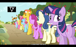 Size: 768x480 | Tagged: safe, edit, edited screencap, screencap, berry punch, berryshine, bon bon, carrot cake, carrot top, cherry berry, cup cake, golden harvest, linky, pinkie pie, shoeshine, sweetie drops, twilight sparkle, earth pony, pony, unicorn, g4, the super speedy cider squeezy 6000, alternative cutie mark placement, animation error, butt, female, inner thigh cutie mark, male, mare, plot, stallion, youtube caption